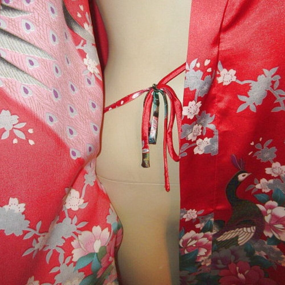 Vtg Silk Kimono Robe One Size Asian Smoking Jacket Dressing Gown Exotic Floral - Picture 3 of 8